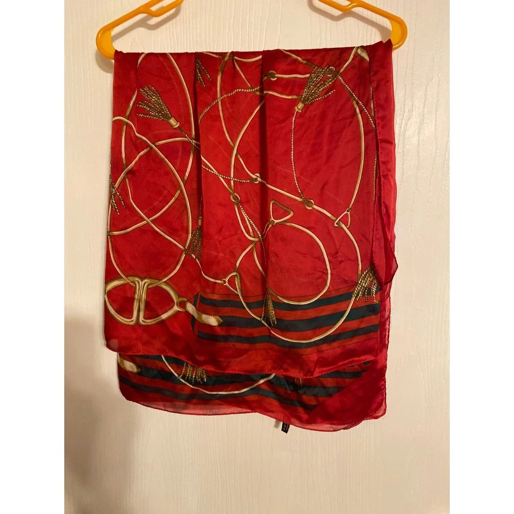Red 100% Silk Scarf Equestrian Tassel Rope Print Nautical Square Scarf 0273